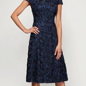 Alex Evenings Rosette Sequin Lace Tea-Length Cocktail Dress